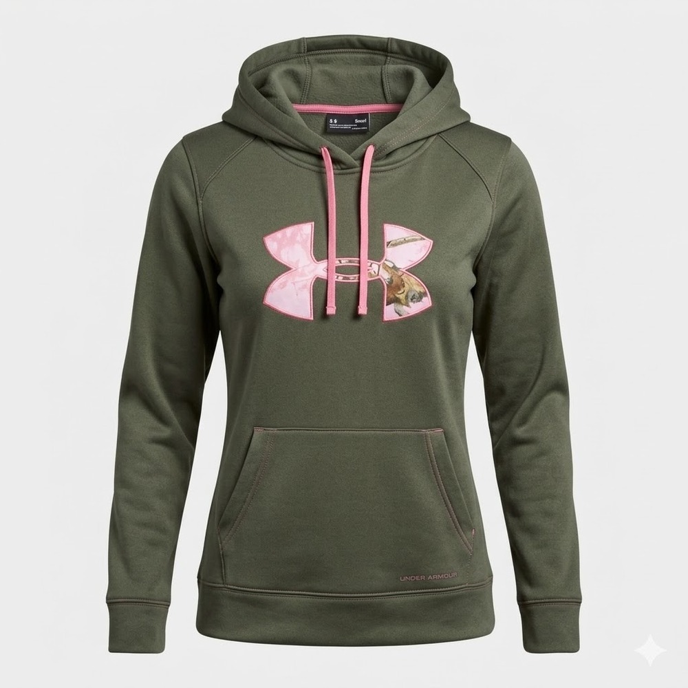 Under Armour Womens Olive Green Pink Camo Logo Semi-Fitted Hoodie Small